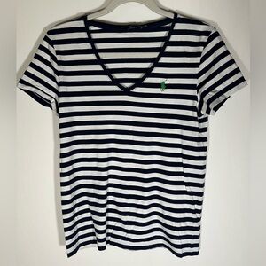 Vintage 90s Ralph Lauren Sport blue white striped v-neck tshirt sz M logo retro